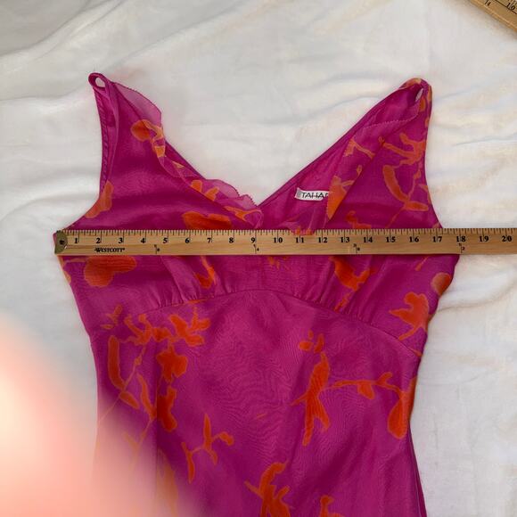 Tahari 100% Silk Dress Size 10 Pink Orange Floral Slip Style Sheath Y2K Vintage - Picture 13 of 16